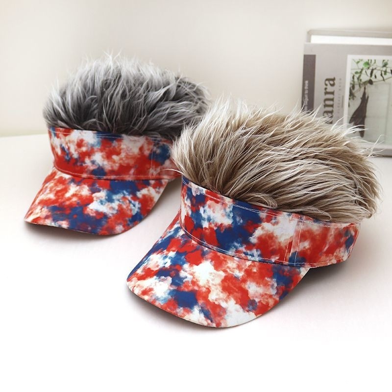 网红假发棒球帽子新款男女搞怪街头嘻哈个性假发帽一体鸭舌帽国旗