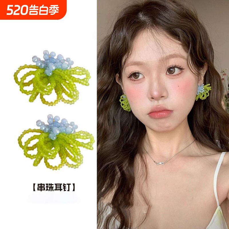 春日来信撞色串珠耳饰水晶手工耳钉少女心甜美减龄度假风耳环2148