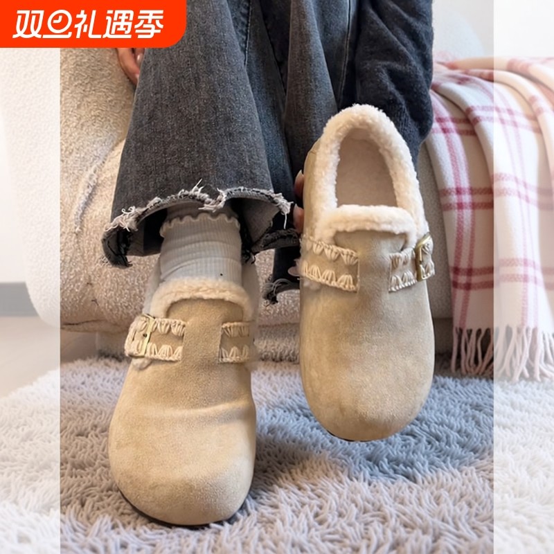 Misscat原创加棉加绒舒适保暖平底棉鞋女款冬季一脚蹬舒适勃肯