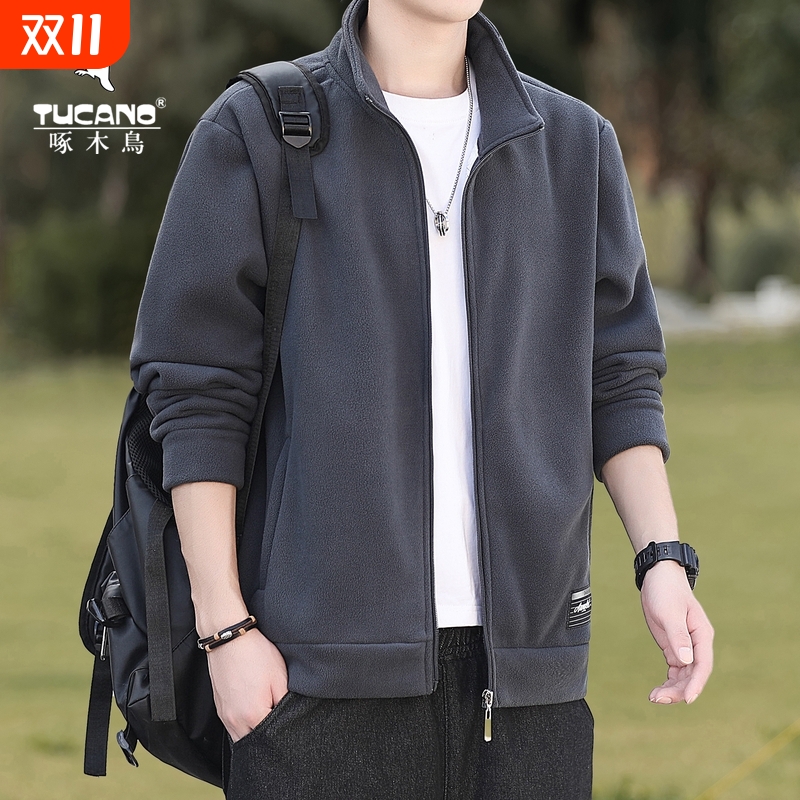 啄木鸟摇粒绒男士外套春秋冬户外运动夹克休闲卫衣大码立领抓绒衣