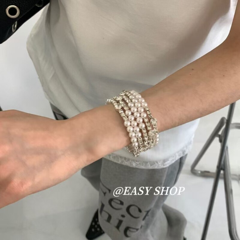 Vintage古着仿珍珠多圈少女手镯秋冬新款高颜值手环气质个性手
