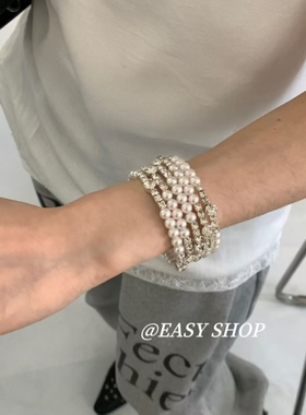 Vintage古着仿珍珠多圈少女手镯秋冬新款高颜值手环气质个性手饰
