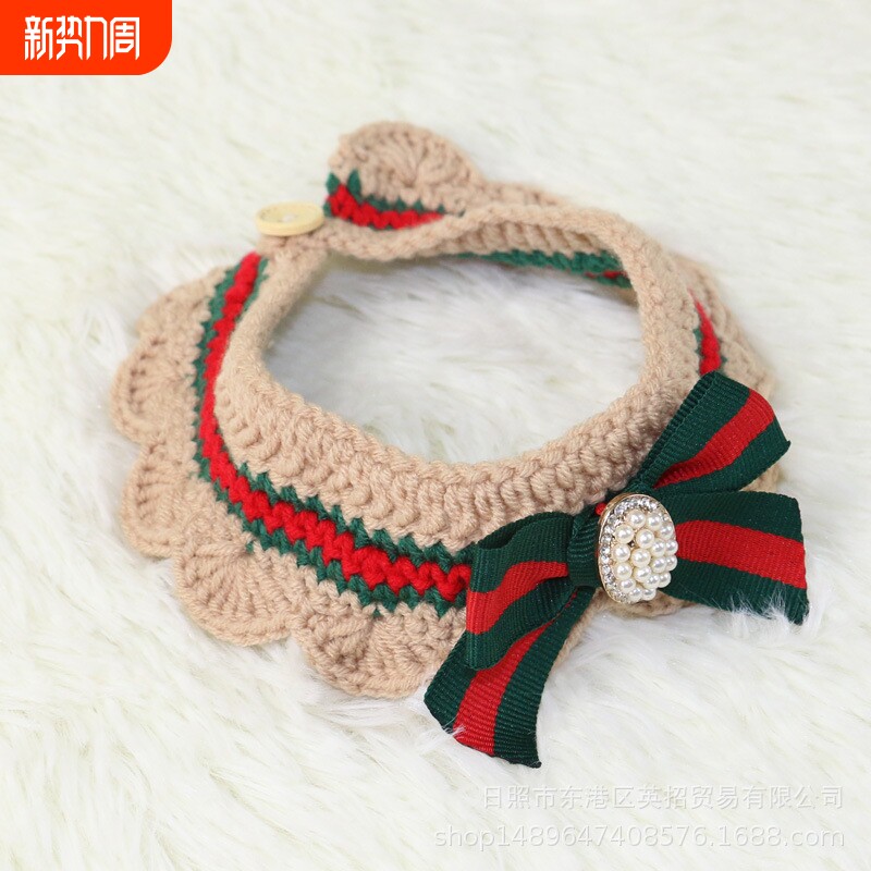 宠物服饰猫咪项圈手工针织毛线珍珠丝带假领领结狗狗围脖围嘴拍照