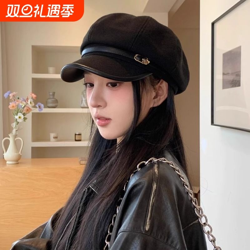 2025年新款八角帽子女四季款棉质百搭贝雷帽英伦复古大头围显脸小