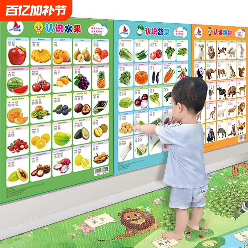 撕不烂防水宝宝认知挂图认识数字车辆植物看图识字水果儿童早教无声学说话婴幼儿启蒙拼音识字卡墙贴动物益智蔬菜点读识车汉字思维