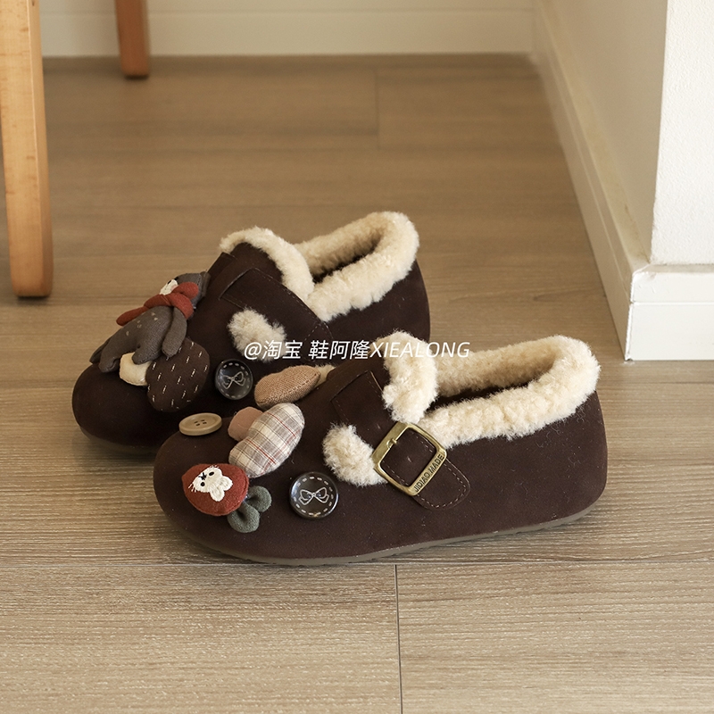 可爱全包勃肯鞋女外穿2025冬新款一脚蹬加绒棉鞋厚底毛毛单鞋毛绒