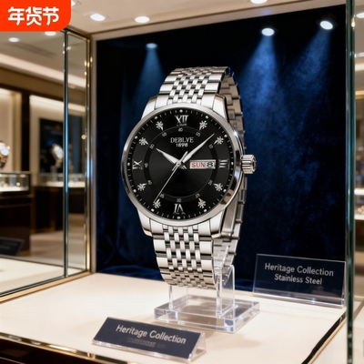 正品瑞士2024新款手表男士全自动机械风防水精钢带双日历男表夜光