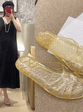 浴室水晶塑料拖鞋女士夏防滑防臭洗澡情侣凉拖果冻老式鞋透明紫色