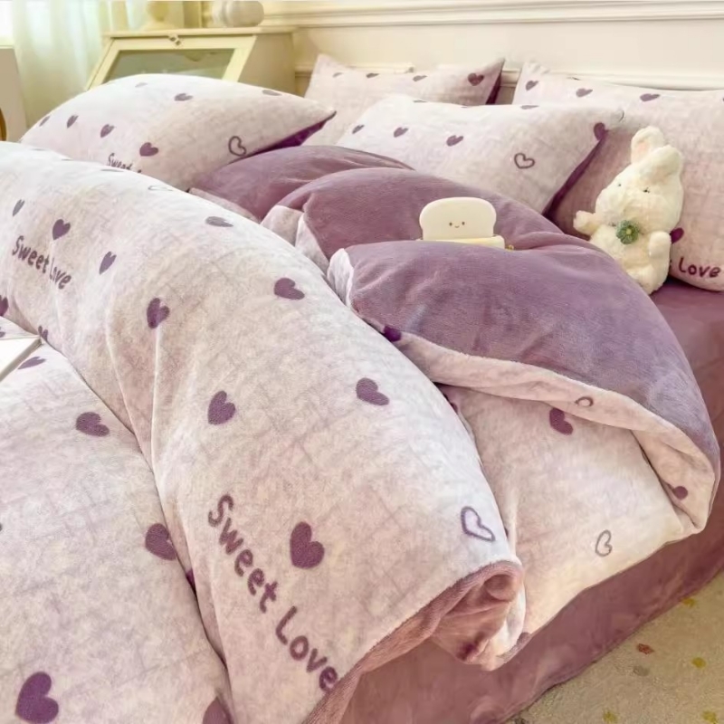 牛奶绒四件套被套床上冬天季加绒加厚珊瑚绒法兰绒床单三件套冬季