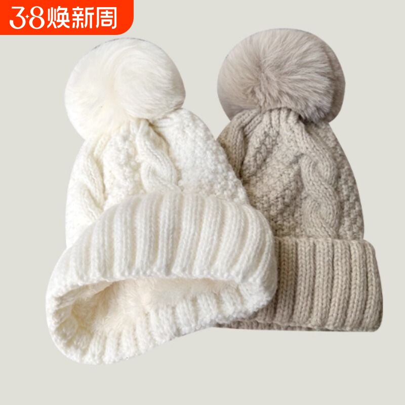 加绒毛线帽女款冬季保暖加厚百搭冷帽防风麻花针织帽学生帽子黑色