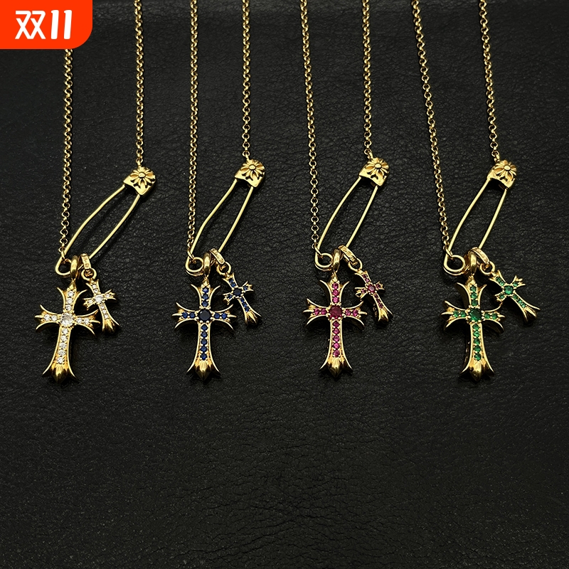 ODEK22K金色别针双十字架项链粉钻白钻吊坠经典款气质锁骨链潮牌