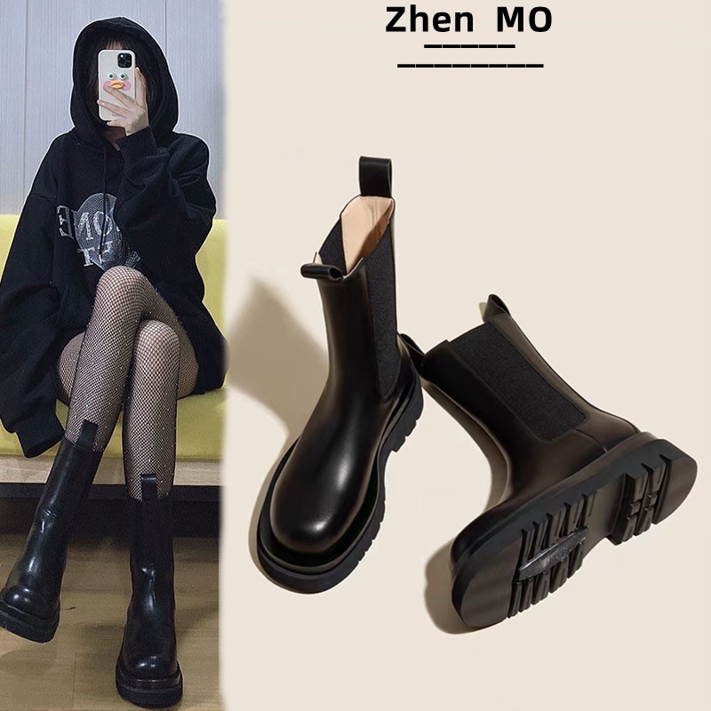 热风圈马丁靴女2025年新款春秋女款网红切尔西烟管靴中筒厚底短靴