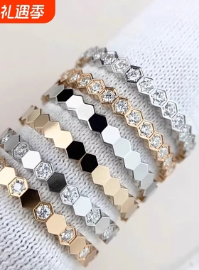 轻奢蜂巢戒指女满钻镀18k玫瑰金蜂窝叠戴半排钻高级感食指环