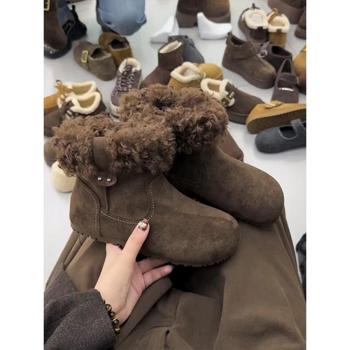 牛皮版~冬季羊羔毛内增高雪地靴女加绒保暖防滑勃肯靴子防水棕色