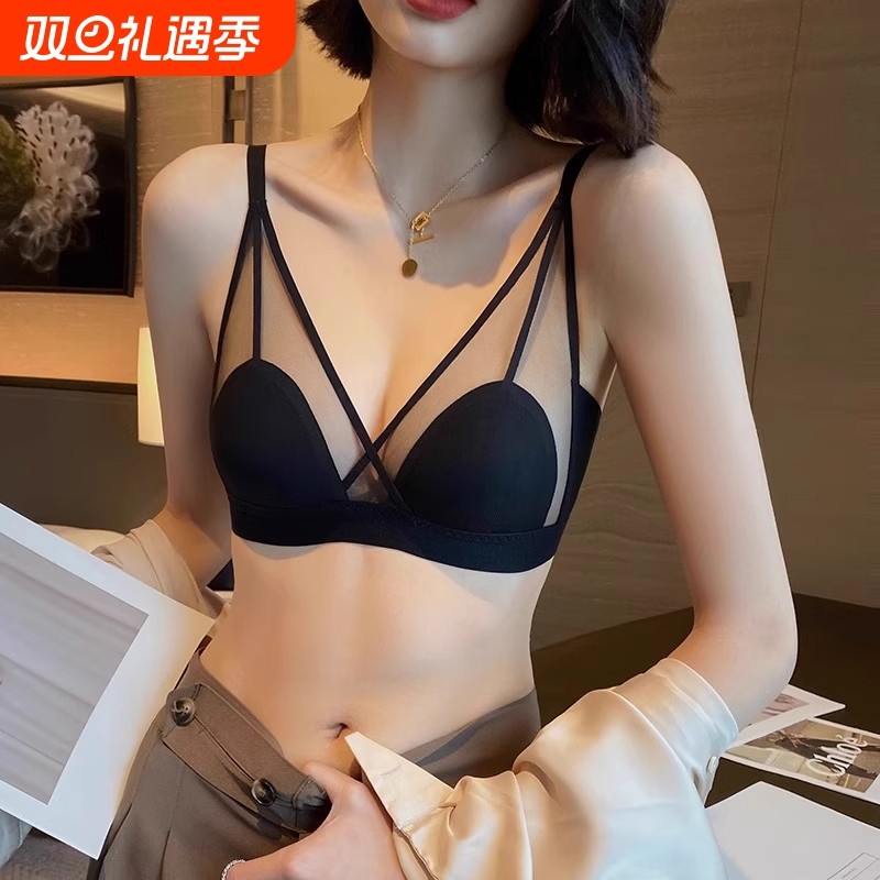 内衣女夏薄款大胸显小超薄性感abc杯文胸聚拢蕾丝兔耳朵下垂罩杯