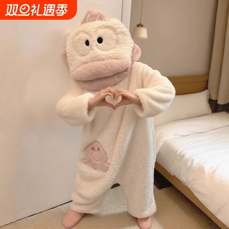 丑鱼连体睡衣女秋冬季加厚珊瑚绒