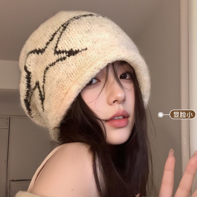2025新款美式复古卷边针织堆堆帽大头围显脸小冷帽女款百搭毛线帽