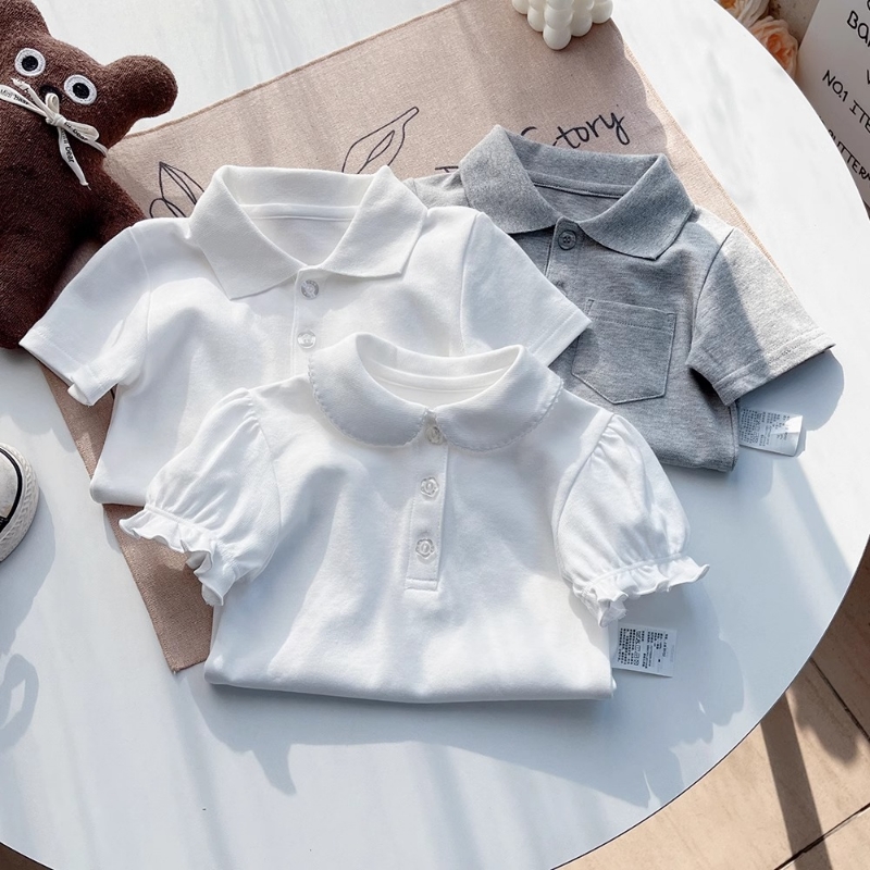 夏装儿童宝宝纯色短袖男童衬衫女童翻领T恤校服小学生白衬衣