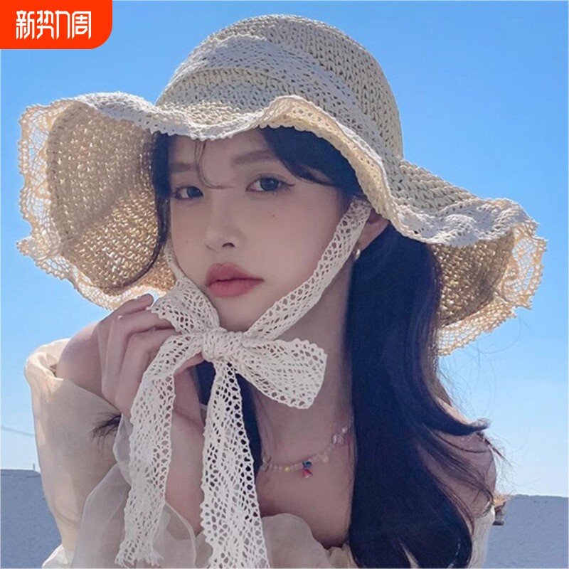超大帽檐遮阳草帽子女夏季海边透气草编遮脸蕾丝花边沙滩帽防晒帽