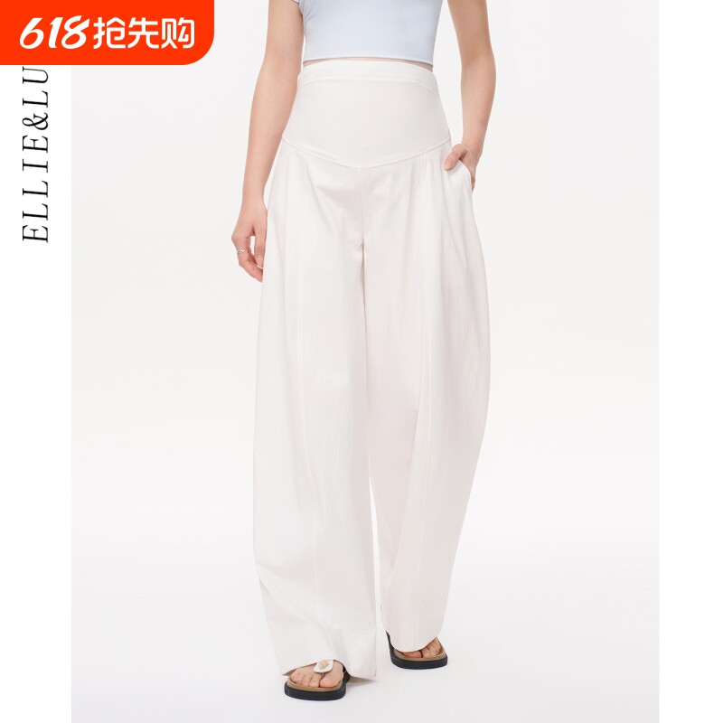 ELLIELUKE孕妇阔腿裤春夏托腹垂感通勤长裤小个子夏薄款白色