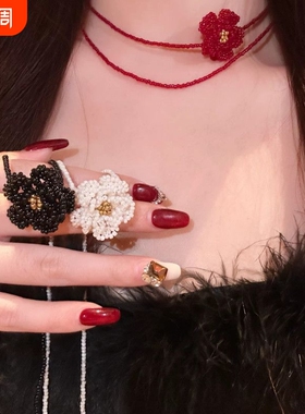ins风红色山茶花串珠项链女款复古高级感显白锁骨链气质双层颈链