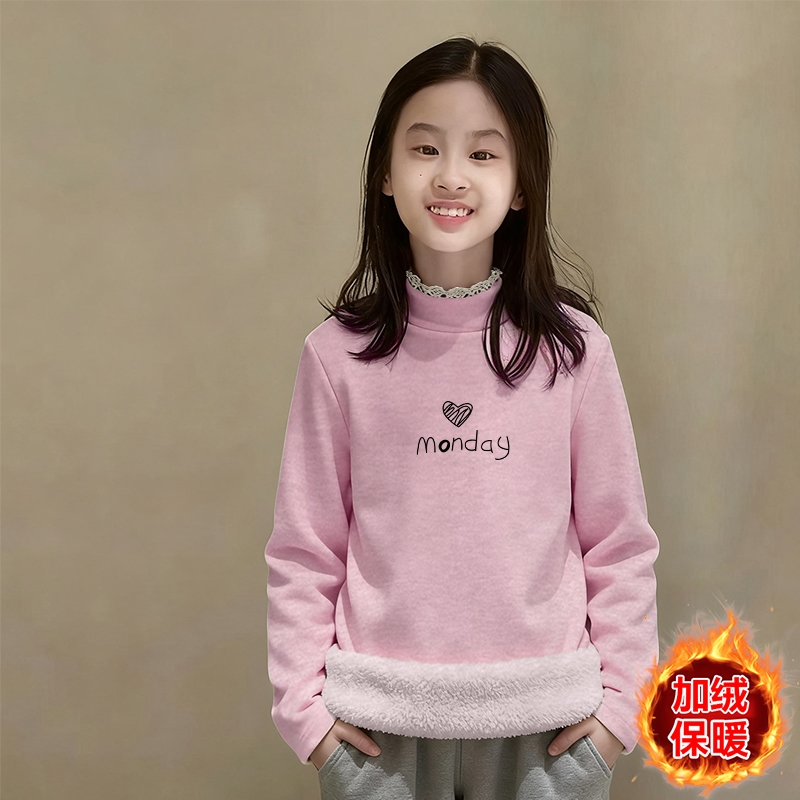 女童半高领德绒打底衫秋冬儿童韩版女孩时尚蕾丝花边保暖加绒长袖