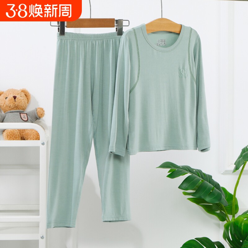 儿童睡衣长裤套装莫代尔春夏薄款中大童纯色韩版男女童空调家居服