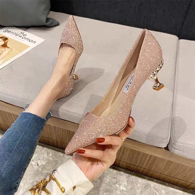 法式水晶银色高跟鞋女生日宴会礼服香槟色婚鞋新娘主婚纱水钻中跟