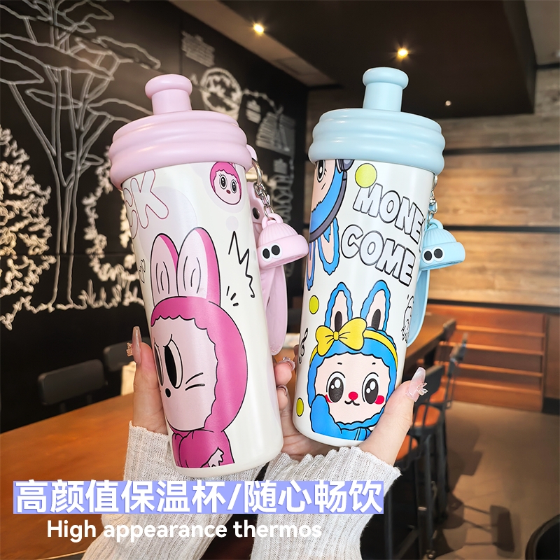 2025新款保温杯儿童拉布款杯子大容量吸管男女孩上学用学生水杯