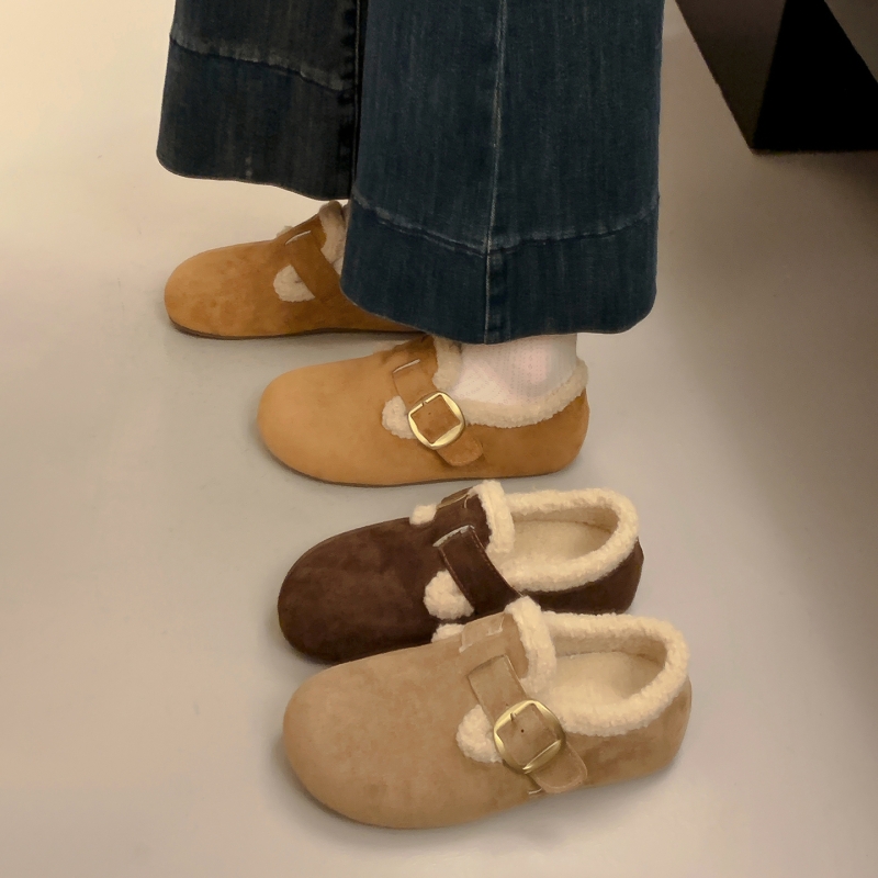 他她女孩3CM内增高勃肯鞋女2025秋冬新款复古加绒一脚蹬加绒毛毛