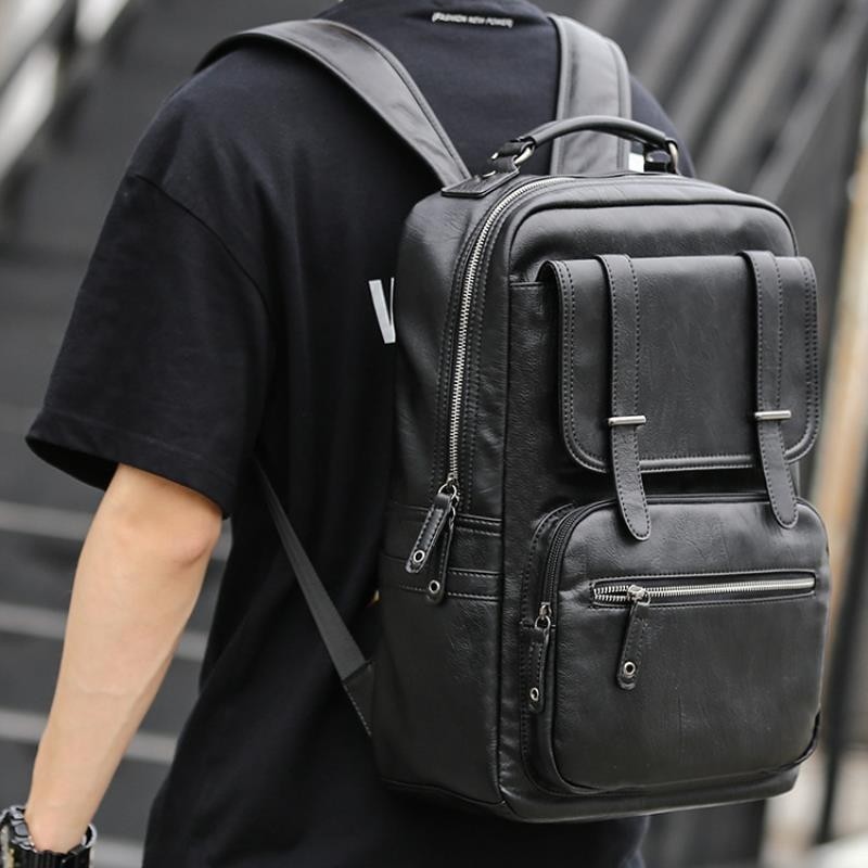 韩版男士pu皮双肩包中学生简约书包时尚潮流旅游背包青年休闲男包