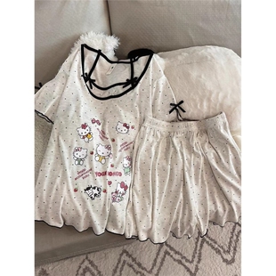 睡衣女夏季短袖短裤带胸垫凉感2025新款大码HelloKitty家居服套装