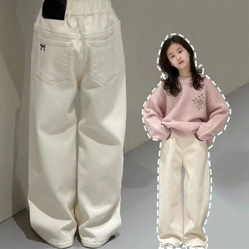 女童加绒牛仔裤儿童秋冬季保暖白色休闲裤中大童装加厚一体绒裤子