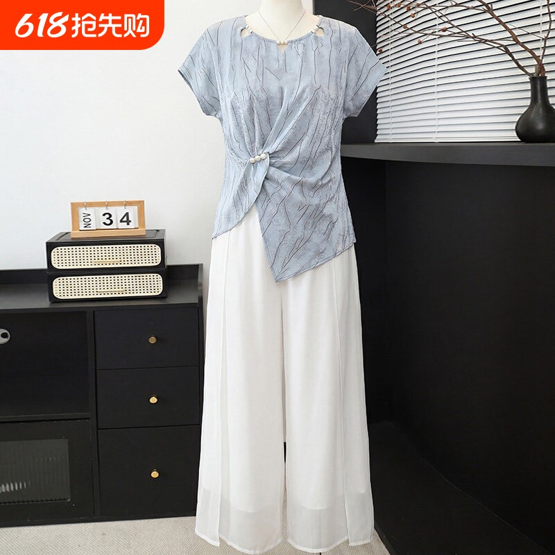 时尚妈妈装夏季小衫套装洋气2026新款上衣中老年女短袖T恤雪纺衫