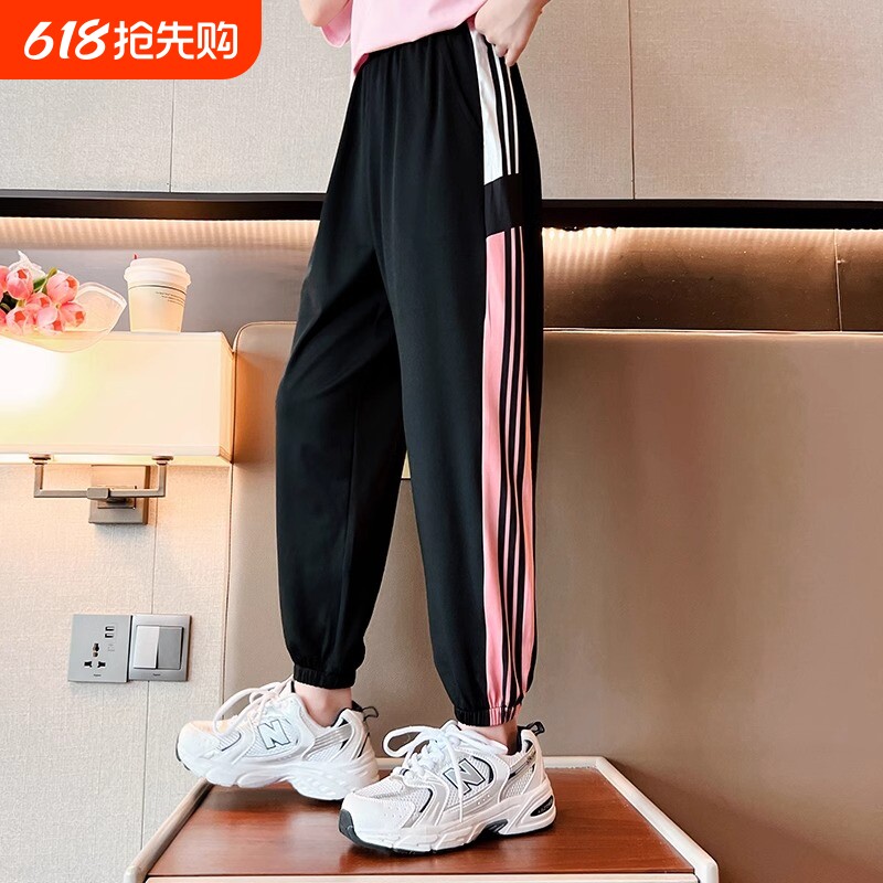女童裤子夏季薄款冰丝速干外穿防蚊裤大童儿童夏天运动裤短裤黑色