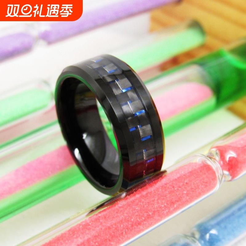 万如意钨金戒指 八宽批边电黑镶蓝黑碳纤外贸时尚欧美饰品现货