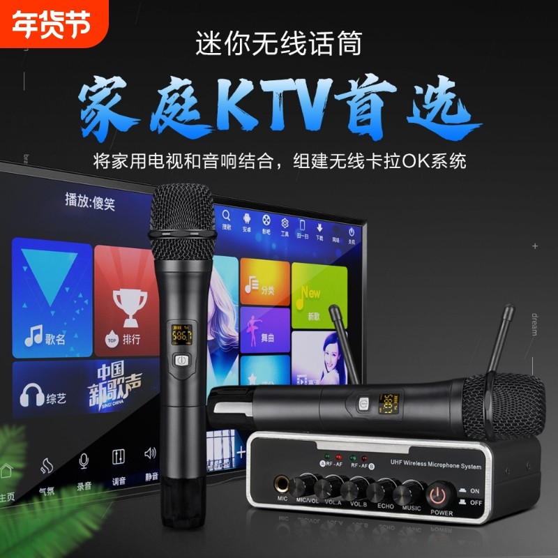 跨境私模U段充电无线麦克风一拖二电视KTV手机电脑唱歌动圈麦话筒