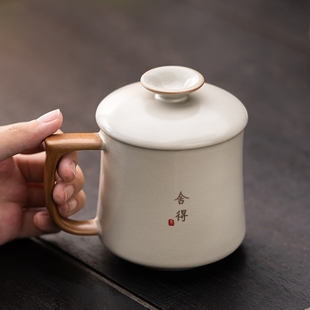 喝茶杯水杯 汝窑茶杯带盖马克杯个人专用陶瓷家用办公杯高档中式