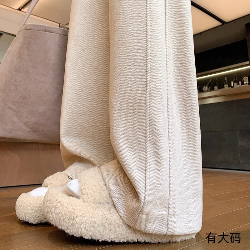 人字纹阔腿裤女秋冬加绒2025新款垂感小个子毛呢裤窄版直筒裤大码