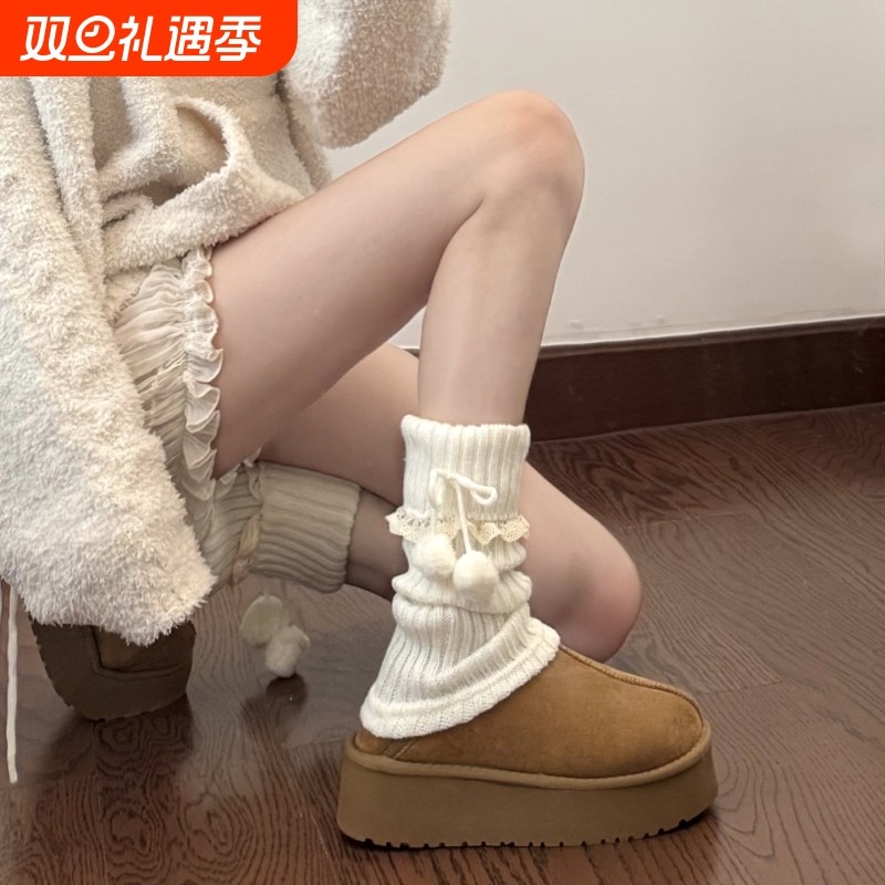 针织jk袜套袜子女白色小腿腿套毛球保暖Lolita堆堆袜洛丽塔冬