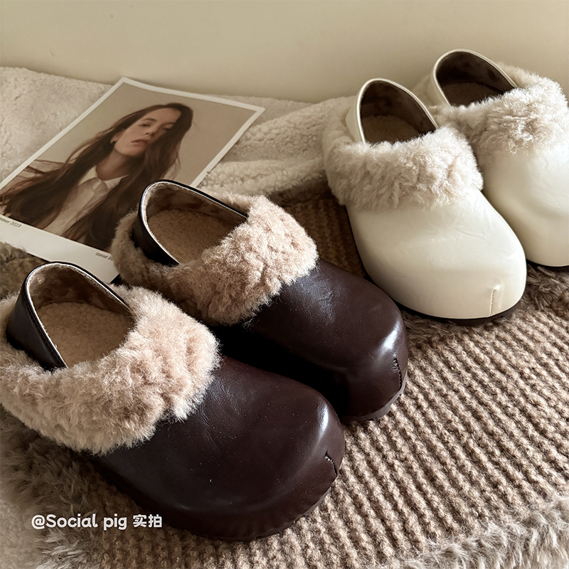 Social pig 增高厚底半拖勃肯鞋女秋冬外穿加绒包头懒人毛毛鞋