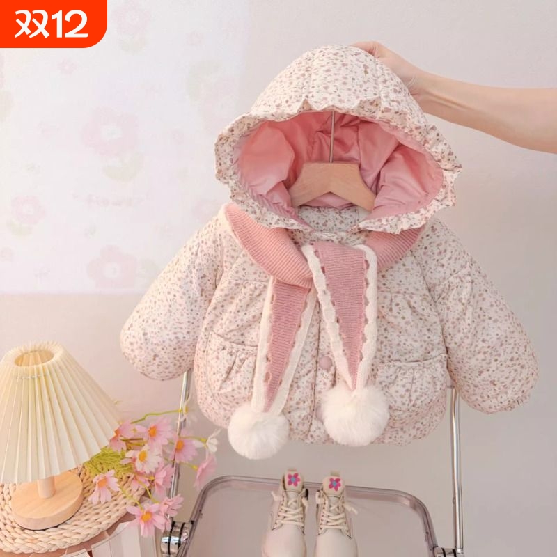 2025新款女宝宝连帽围巾加绒棉袄中小童冬加厚保暖羽绒棉服HDD438