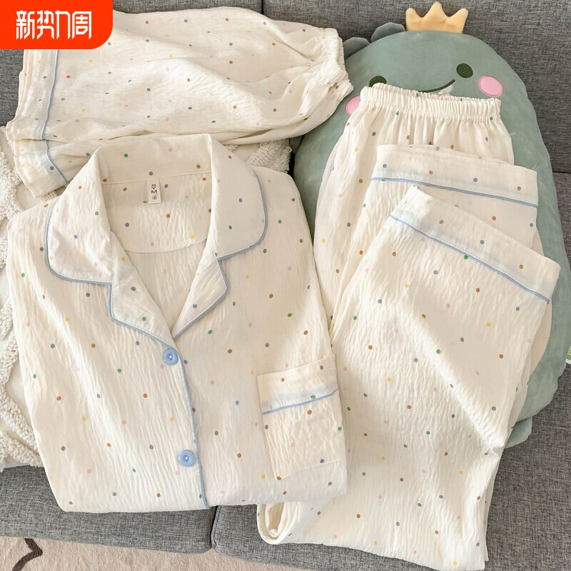 红豆日系甜美睡衣三件套 彩色圆点纯棉睡衣 大码云朵棉家居服 春