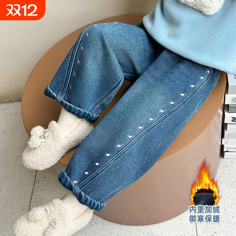 冬季新款儿童爱心加绒牛仔裤2025女童洋气校园弯刀裤童装THH183