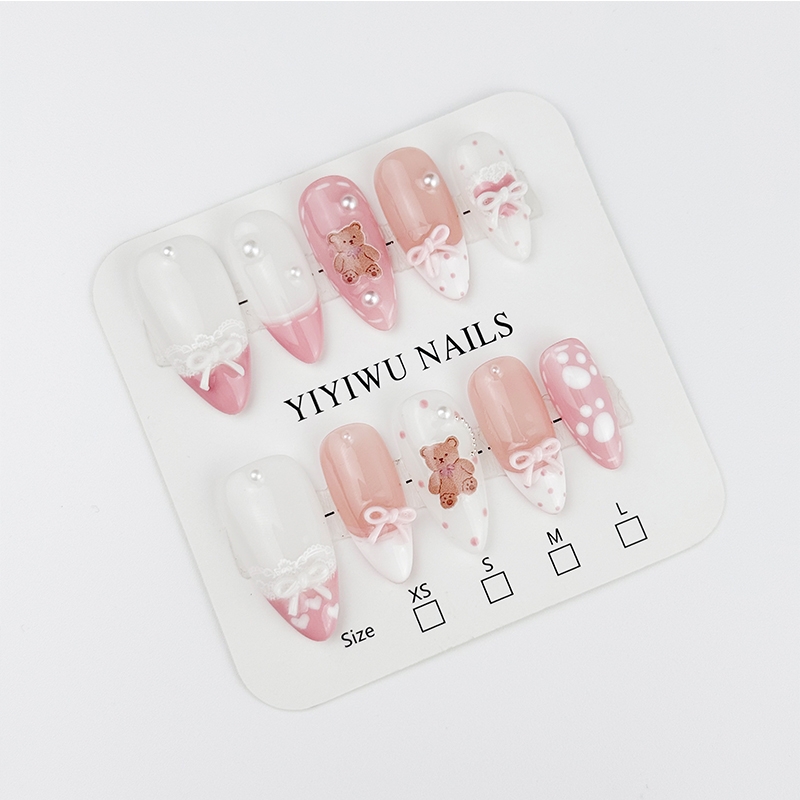 纯手工穿戴甲甜心小熊粉色纯欲氛围感温柔高级感小众显白美甲