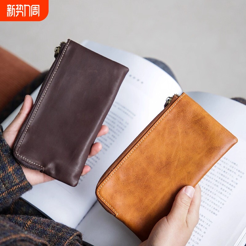 真皮长款钱包女士复古手拿包拉链手拿零钱超薄卡包收纳包大容量