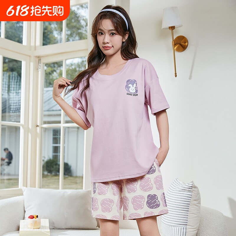 女睡衣夏季可外穿卡通印花短袖短裤大码宽松薄款一体式家居服套装