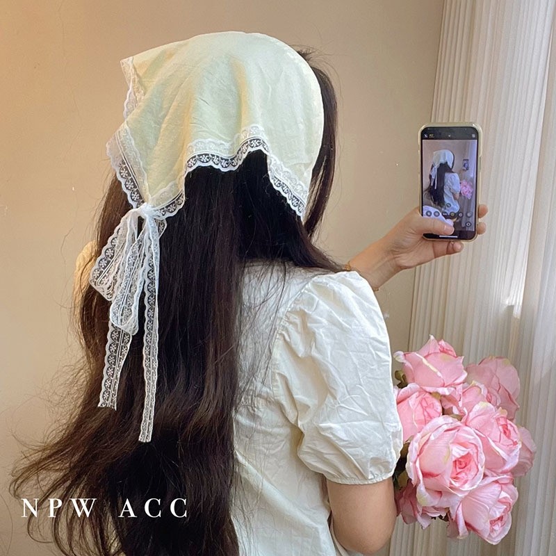 2025新款春夏季蕾丝边蝴蝶结纯色三角巾头巾包头装饰时髦百搭