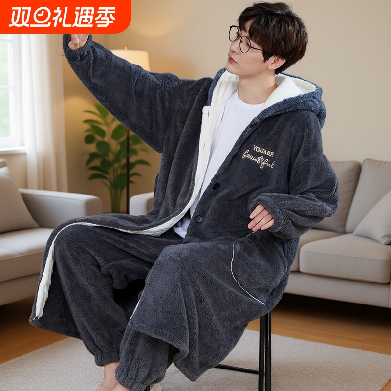 珊瑚绒睡衣睡袍男士秋冬加厚加绒加肥特大码300斤法兰绒男浴袍冬