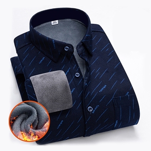 冬季新款男士长袖加绒保暖格子中老年条纹衬衫休闲衬衣爸爸加厚外